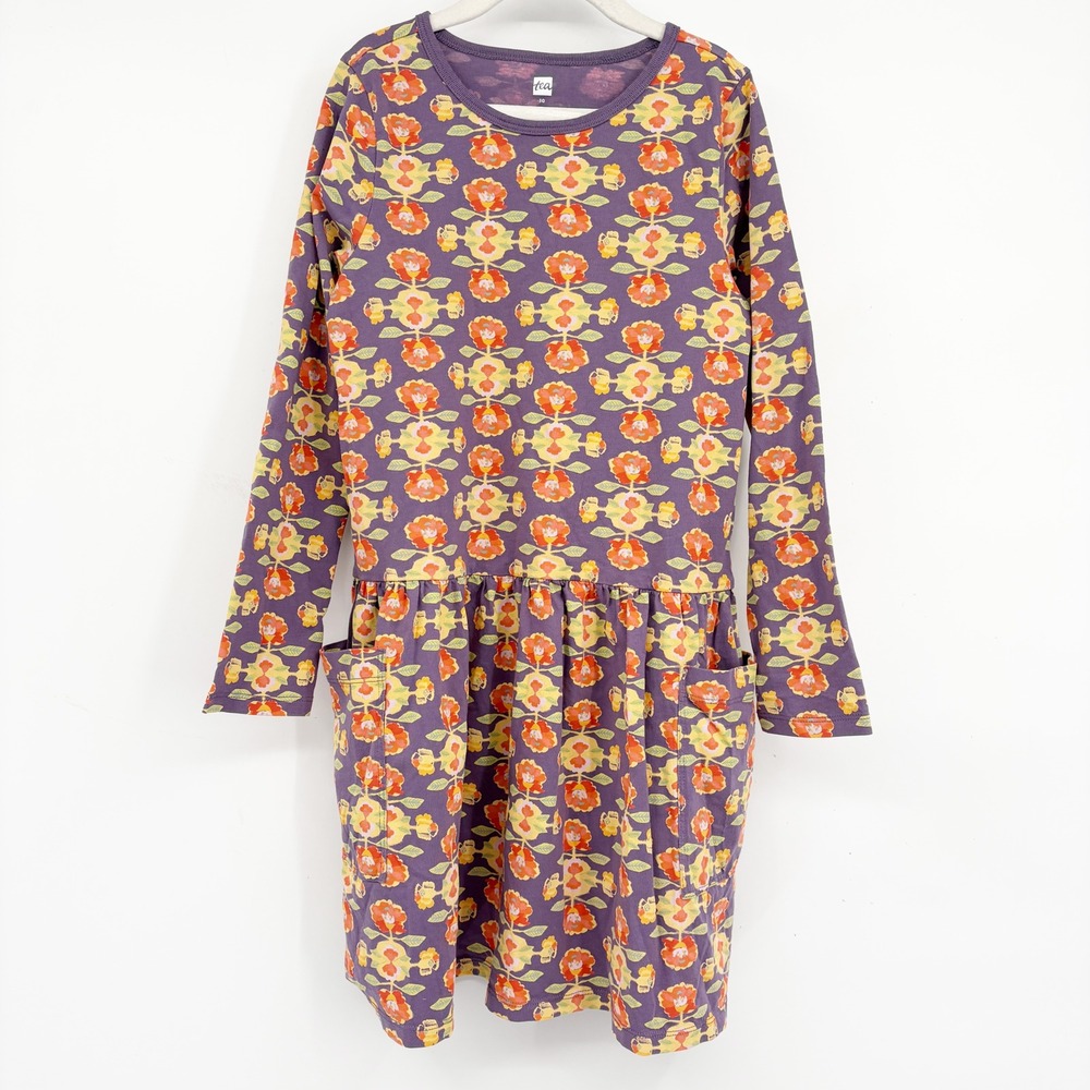 Tea Collection Girls Purple Floral Long Sleeve Boho Pocket Jersey Dress Size 10